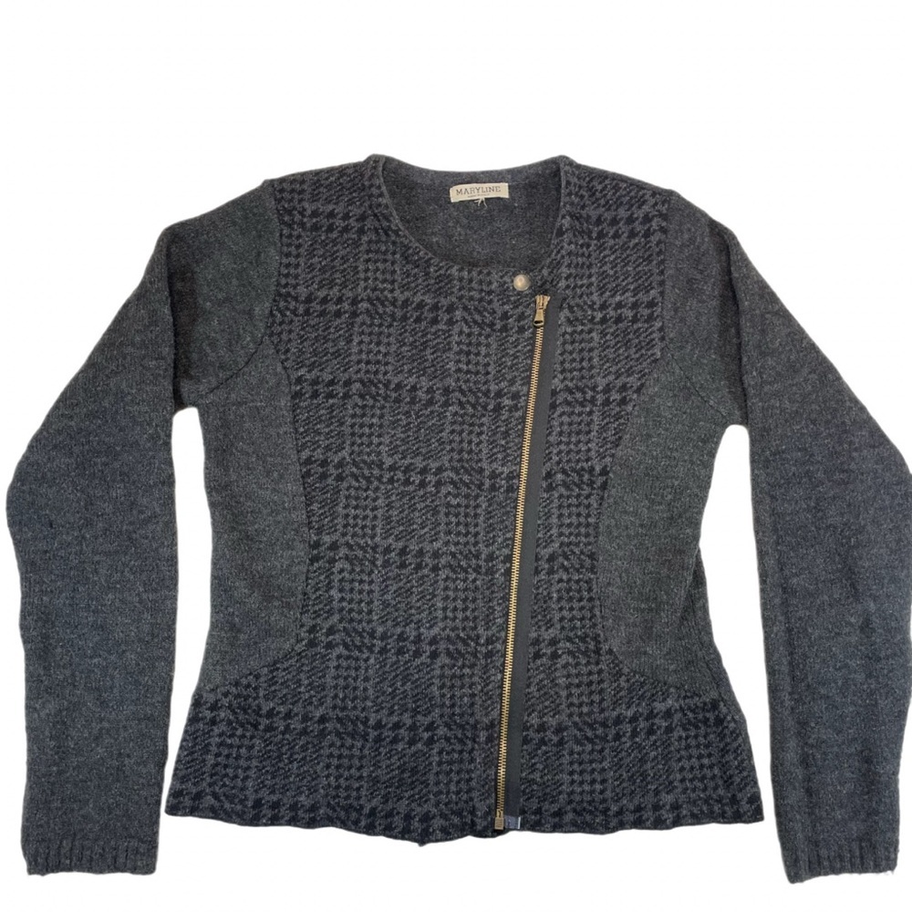 MARYLINE Knit Wool Blend Italy Sweater Cardigan Jacket Gray Women S Houndstooth
